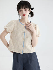 Oatmeal bud sleeve knitted cardigan embroidered short - sleeved top - MEIMMEIM(メイムメイム)