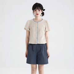 Oatmeal bud sleeve knitted cardigan embroidered short - sleeved top - MEIMMEIM(メイムメイム)