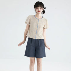 Oatmeal bud sleeve knitted cardigan embroidered short - sleeved top - MEIMMEIM(メイムメイム)