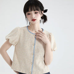 Oatmeal bud sleeve knitted cardigan embroidered short - sleeved top - MEIMMEIM(メイムメイム)