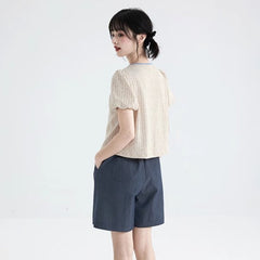 Oatmeal bud sleeve knitted cardigan embroidered short - sleeved top - MEIMMEIM(メイムメイム)