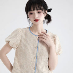 Oatmeal bud sleeve knitted cardigan embroidered short - sleeved top - MEIMMEIM(メイムメイム)