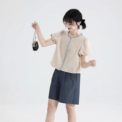 Oatmeal bud sleeve knitted cardigan embroidered short - sleeved top - MEIMMEIM(メイムメイム)