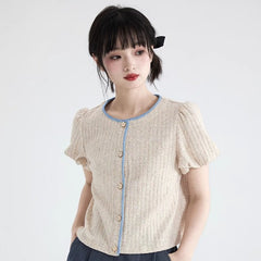 Oatmeal bud sleeve knitted cardigan embroidered short - sleeved top - MEIMMEIM(メイムメイム)