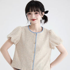 Oatmeal bud sleeve knitted cardigan embroidered short - sleeved top - MEIMMEIM(メイムメイム)