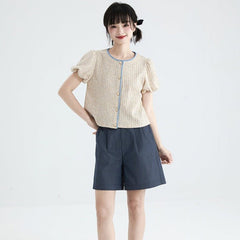 Oatmeal bud sleeve knitted cardigan embroidered short - sleeved top - MEIMMEIM(メイムメイム)