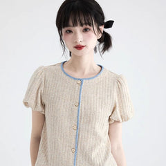 Oatmeal bud sleeve knitted cardigan embroidered short - sleeved top - MEIMMEIM(メイムメイム)