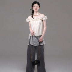 One Shoulder Shirt Lace Bat Curtain 2Piece Set - MEIMMEIM(メイムメイム)