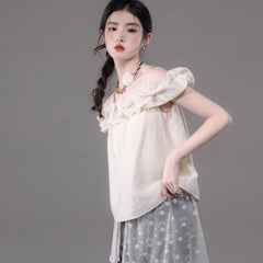 One Shoulder Shirt Lace Bat Curtain 2Piece Set - MEIMMEIM(メイムメイム)