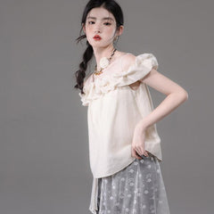 One Shoulder Shirt Lace Bat Curtain 2Piece Set - MEIMMEIM(メイムメイム)