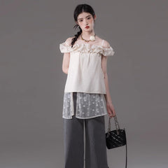 One Shoulder Shirt Lace Bat Curtain 2Piece Set - MEIMMEIM(メイムメイム)