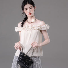 One Shoulder Shirt Lace Bat Curtain 2Piece Set - MEIMMEIM(メイムメイム)