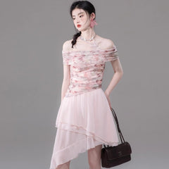 Pink mesh print top and skirt set - MEIMMEIM(メイムメイム)