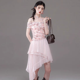 Pink mesh print top and skirt set - MEIMMEIM(メイムメイム)