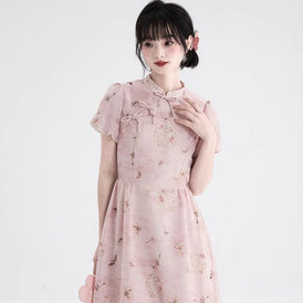 Pink printed bow dress lace - up sleeve A - line skirt - MEIMMEIM(メイムメイム)