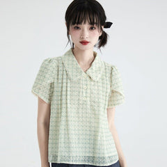 Plaid Floral Embroidery Shirt Sleeve Lapel Lace Top - MEIMMEIM(メイムメイム)