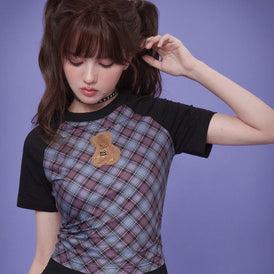 Plaid Stuffed Bear Raglan Short Sleeve T-Shirt - MEIMMEIM(メイムメイム)