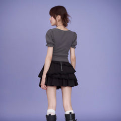 Puff sleeve lace gray square collar top - MEIMMEIM(メイムメイム)