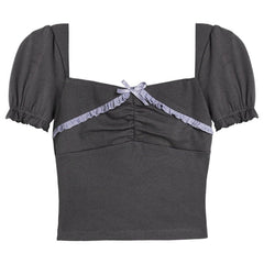 Puff sleeve lace gray square collar top - MEIMMEIM(メイムメイム)