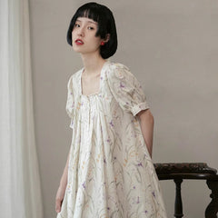 Purple Kite Print Retro Square Neck Dress - MEIMMEIM(メイムメイム)