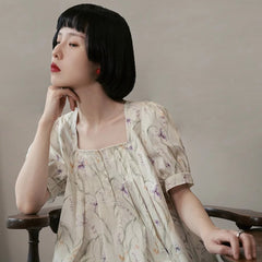 Purple Kite Print Retro Square Neck Dress - MEIMMEIM(メイムメイム)