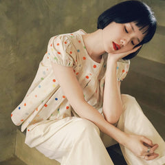 Rainbow wave puff sleeve short-sleeved shirt - MEIMMEIM(メイムメイム)