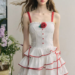 Romantic Cherry Red Sweet Girly White Jacquard Dress - MEIMMEIM(メイムメイム)