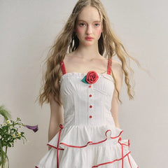 Romantic Cherry Red Sweet Girly White Jacquard Dress - MEIMMEIM(メイムメイム)