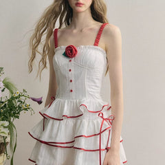 Romantic Cherry Red Sweet Girly White Jacquard Dress - MEIMMEIM(メイムメイム)