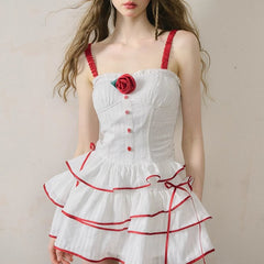 Romantic Cherry Red Sweet Girly White Jacquard Dress - MEIMMEIM(メイムメイム)