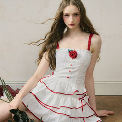 Romantic Cherry Red Sweet Girly White Jacquard Dress - MEIMMEIM(メイムメイム)