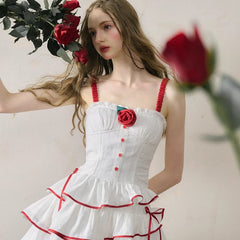 Romantic Cherry Red Sweet Girly White Jacquard Dress - MEIMMEIM(メイムメイム)