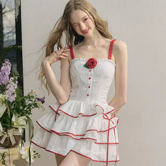 Romantic Cherry Red Sweet Girly White Jacquard Dress - MEIMMEIM(メイムメイム)