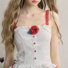 Romantic Cherry Red Sweet Girly White Jacquard Dress - MEIMMEIM(メイムメイム)