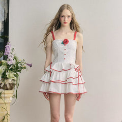 Romantic Cherry Red Sweet Girly White Jacquard Dress - MEIMMEIM(メイムメイム)