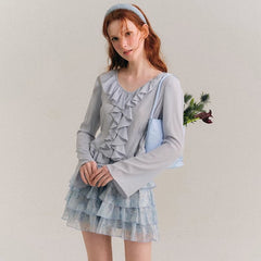 Sea blue broken ruffled French shirt top - MEIMMEIM(メイムメイム)