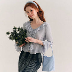 Sea blue broken ruffled French shirt top - MEIMMEIM(メイムメイム)