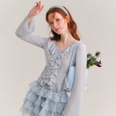 Sea blue broken ruffled French shirt top - MEIMMEIM(メイムメイム)