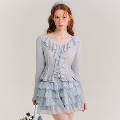 Sea blue broken ruffled French shirt top - MEIMMEIM(メイムメイム)