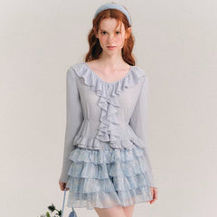 Sea blue broken ruffled French shirt top - MEIMMEIM(メイムメイム)