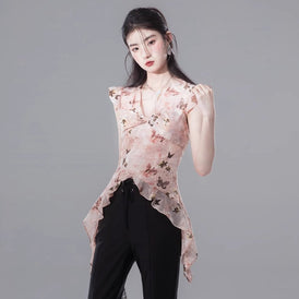 Sunset orange pink layered style printed chiffon shirt - MEIMMEIM(メイムメイム)