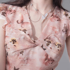 Sunset orange pink layered style printed chiffon shirt - MEIMMEIM(メイムメイム)