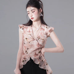 Sunset orange pink layered style printed chiffon shirt - MEIMMEIM(メイムメイム)