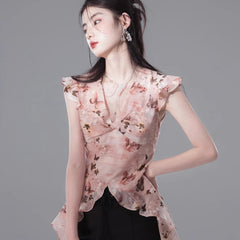 Sunset orange pink layered style printed chiffon shirt - MEIMMEIM(メイムメイム)