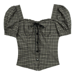 Sweet Puff Sleeve Tops Plaid Short Sleeve Shirt - MEIMMEIM(メイムメイム)