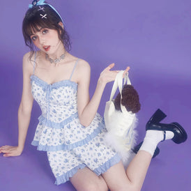 Sweet pure desire blue rose floral suspender dress - MEIMMEIM(メイムメイム)