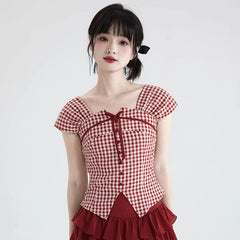 Sweet Red Plaid Shirt Square Neck Short Top - MEIMMEIM(メイムメイム)