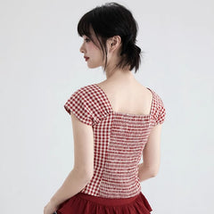 Sweet Red Plaid Shirt Square Neck Short Top - MEIMMEIM(メイムメイム)