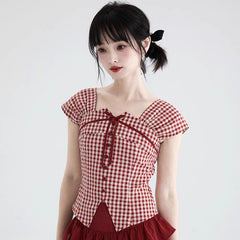 Sweet Red Plaid Shirt Square Neck Short Top - MEIMMEIM(メイムメイム)