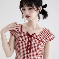 Sweet Red Plaid Shirt Square Neck Short Top - MEIMMEIM(メイムメイム)